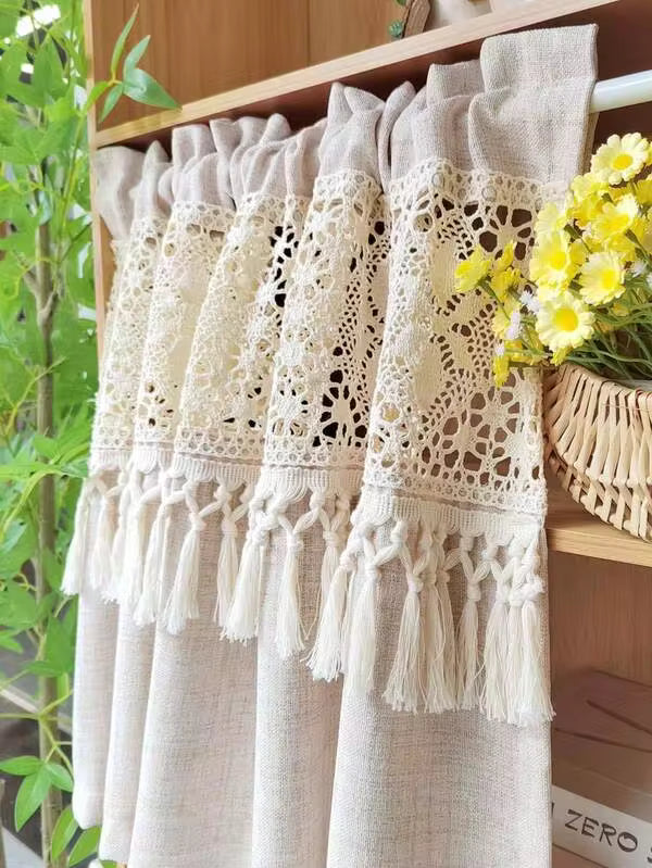 1pc Boho Style Crocheted Splicing Linen Cafe Curtain Retro Chic Short Curtain With Tassel For Kitchen Dining Room Window Rod Pocket Top