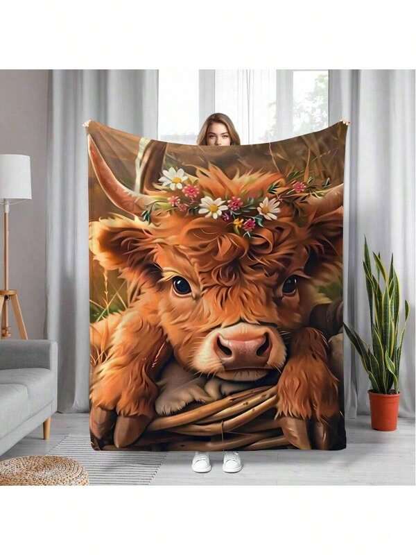 1PC 280gsm1pc Warm Modern Cute Highland Cow Print Flannel Blanket, All Seasons Multipurpose Blanket For Room Decor, Sofa, Travel And Nap - Great Gift For Family And Friends