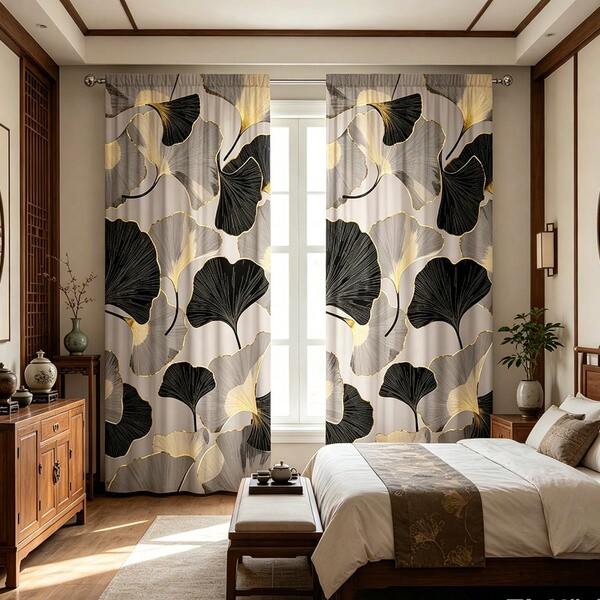 2PCS Chinese Ginkgo Leaf Light Luxury Curtains - Rod Pocket, Protecting Privacy, Suitable For Decorating Various Rooms, Versatile Curtains, Suitable For All Seasons, Living Room Curtains